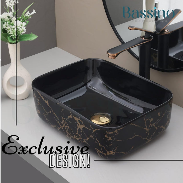 Designer Black Gold Ceramic Table Top Wash Basin (16x12x6 In) BTT-11421-IN
