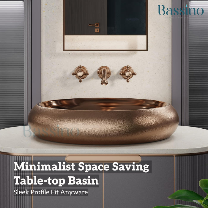 BASSINO Ceramic Wash Basin Rosegold Table Top Washbasin Countertop Vessel Sink for Bathroom Kitchen Dining Living Room Modern Ceramic Basin Solid Surface Installation 24x16x6 Inch (BTT-1054)