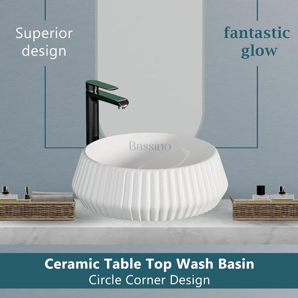 Premium Ceramic Table Top Wash Basin, White Glossy Finish (16 × 16 × 5.5 In) BTT-W54