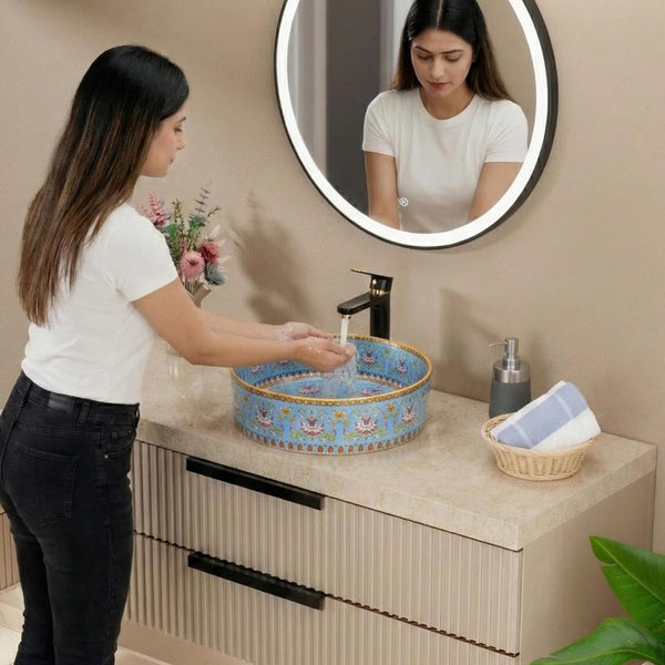 Designer Round Ceramic Wash Basin (Glossy Blue with Moroccan Art Design 16 x 16 x 5 In- AB604) Blue
