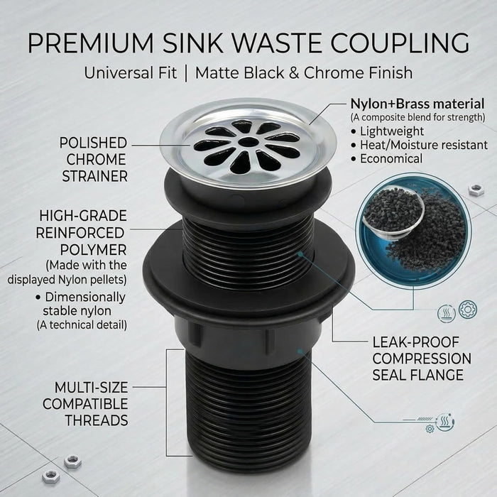 BASSINO 6 Inch Basin Waste Coupling Nylon Thread Body with Brass Jali Head/Heavy Duty Bathroom Sink Drain for Wash Basin Universal Fit Drain(Silver)