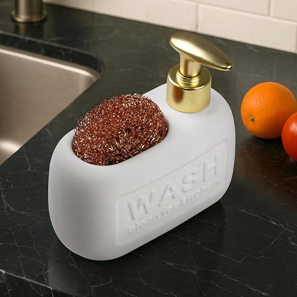 Ceramic Kitchen Liquid Soap Dispenser with Scrubber – Premium Sink Dishwashing Holder White