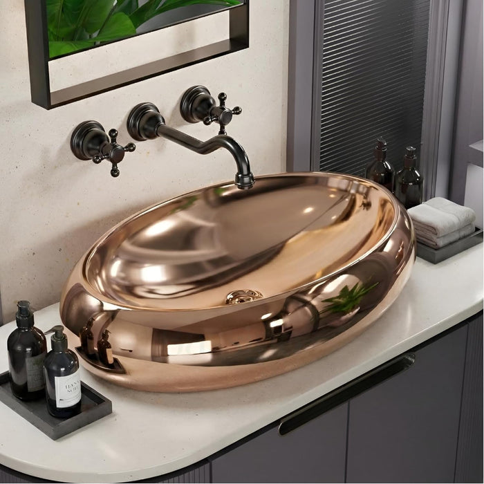Premium Oval Rosegold Ceramic Table Top Basin (24x16x6 In) BTT-11545