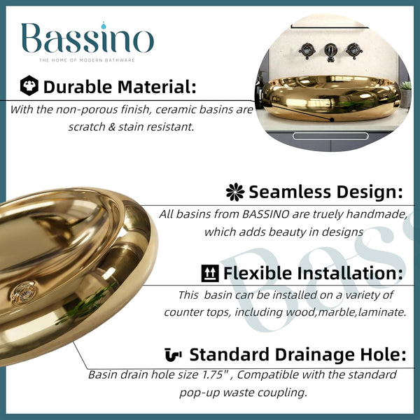 Premium Oval Gold Ceramic Table Top Basin (24x16x6 In) BTT-11546