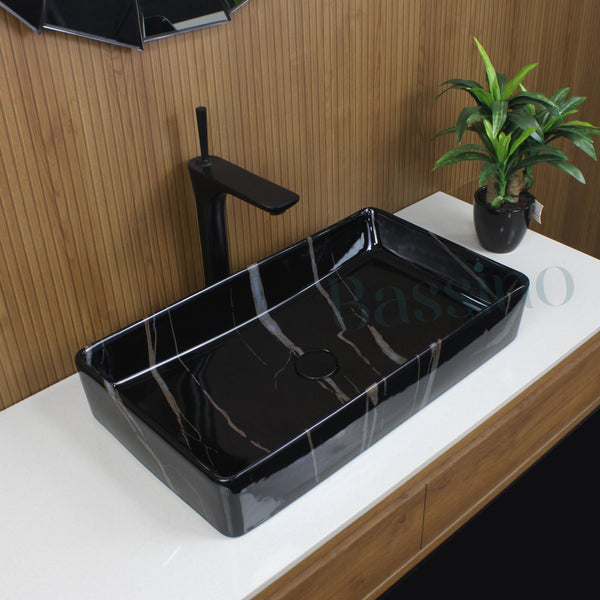 Premium Ceramic Table Top Wash Basin, Black Marble Finish (24 × 14 × 4.5 In) BTT-1587