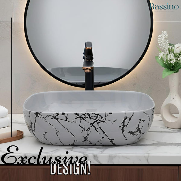 Designer Grey Black Veins Ceramic Table Top Basin (18x13x5.5 In) BTT-11417-IN
