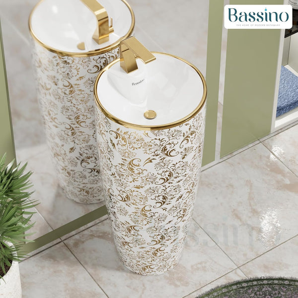 Premium Ceramic Pedestal Wash Basin, White Glossy (15 × 15 × 34 In) BPB-788