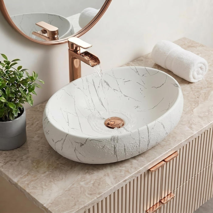 White Grey Marble Design Ceramic Countertop Wash Basin – Luxury Oval Textured Table Top Basin, Matte Finish Vessel Sink (24" x 16" x 6")