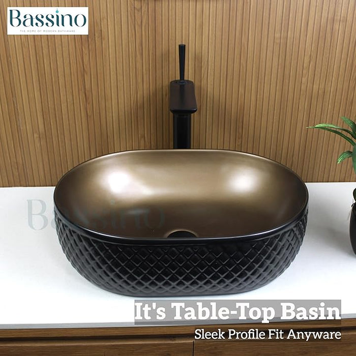 Premium Black Brown Ceramic Table Top Basin (20x14x6 In) BTT-11079