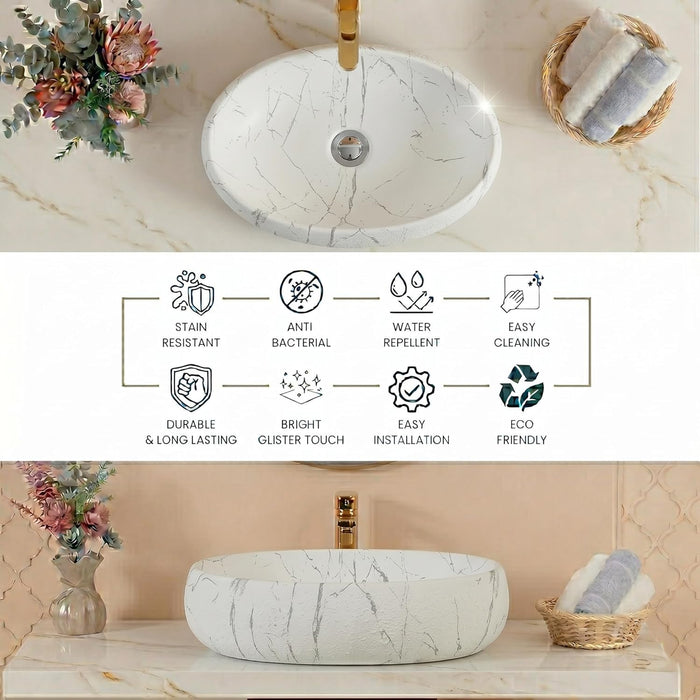 White Grey Marble Design Ceramic Countertop Wash Basin – Luxury Oval Textured Table Top Basin, Matte Finish Vessel Sink (24" x 16" x 6")