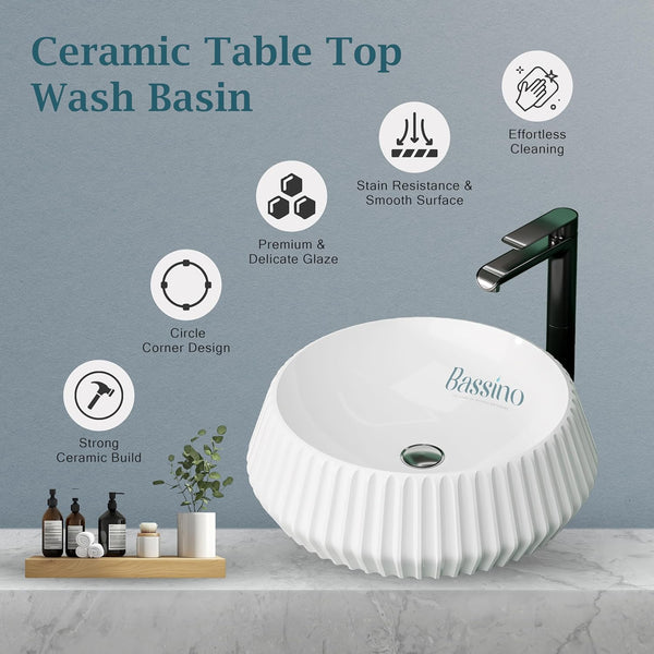 Premium Ceramic Table Top Wash Basin, White Glossy Finish (16 × 16 × 5.5 In) BTT-W54