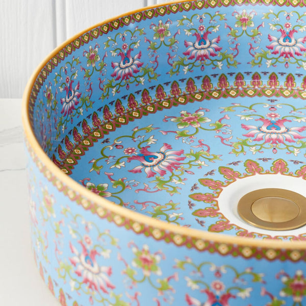 Designer Round Ceramic Wash Basin (Glossy Blue with Moroccan Art Design 16 x 16 x 5 In- AB604) Blue