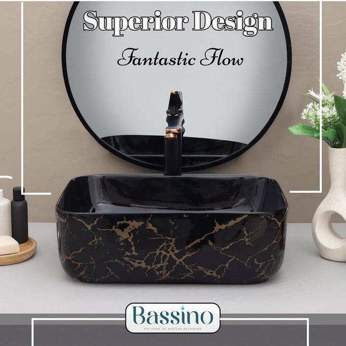 Designer Black Gold Ceramic Table Top Wash Basin (16x12x6 In) BTT-11421-IN