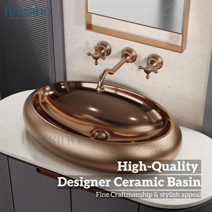 BASSINO Ceramic Wash Basin Rosegold Table Top Washbasin Countertop Vessel Sink for Bathroom Kitchen Dining Living Room Modern Ceramic Basin Solid Surface Installation 24x16x6 Inch (BTT-1054)