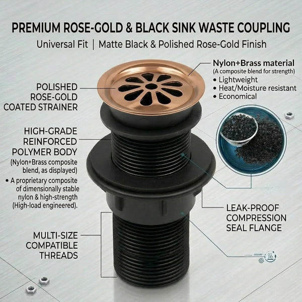 BASSINO 6 Inch Basin Waste Coupling Nylon Thread Body with Brass Jali Head/Heavy Duty Bathroom Sink Drain for Wash Basin Universal Fit Drain(Rose Gold)