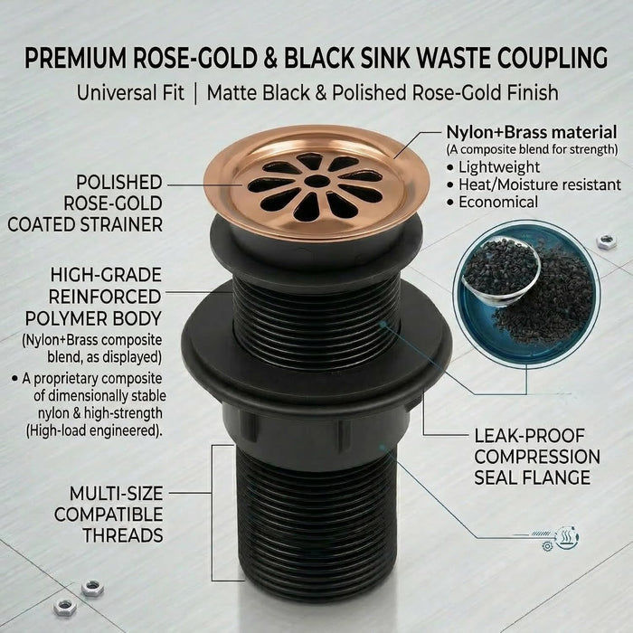 BASSINO 6 Inch Basin Waste Coupling Nylon Thread Body with Brass Jali Head/Heavy Duty Bathroom Sink Drain for Wash Basin Universal Fit Drain(Rose Gold)