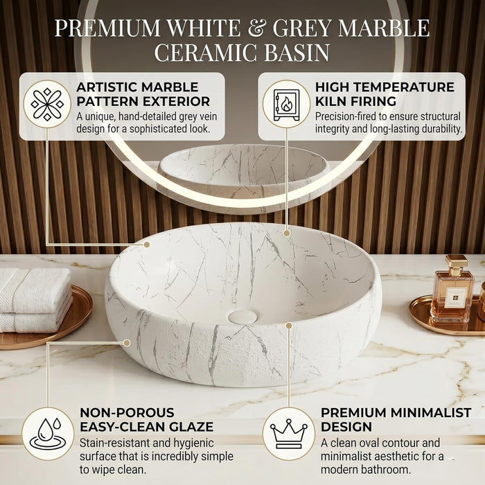 White Grey Marble Design Ceramic Countertop Wash Basin – Luxury Oval Textured Table Top Basin, Matte Finish Vessel Sink (24" x 16" x 6")