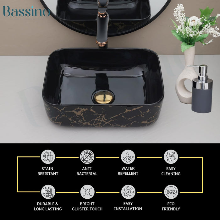 Designer Black Gold Ceramic Table Top Wash Basin (16x12x6 In) BTT-11421-IN