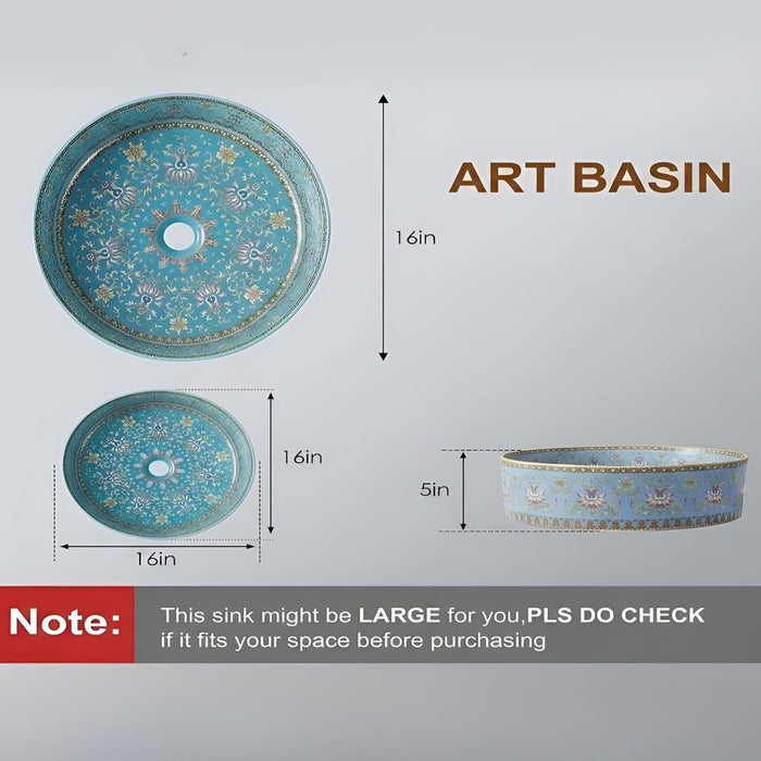 Designer Round Ceramic Wash Basin (Glossy Blue with Moroccan Art Design 16 x 16 x 5 In- AB604)