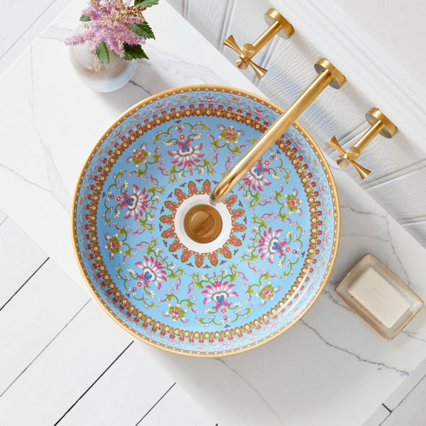 Designer Round Ceramic Wash Basin (Glossy Blue with Moroccan Art Design 16 x 16 x 5 In- AB604) Blue