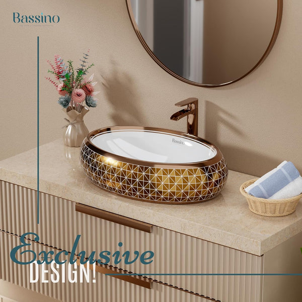Luxury Art Decorative Tabletop Basin (Glossy Rose Gold, 24x16x6 Inch) BTT-1515