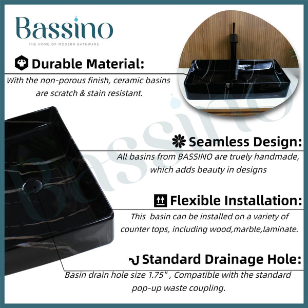 Premium Ceramic Table Top Wash Basin, Black Marble Finish (24 × 14 × 4.5 In) BTT-1587