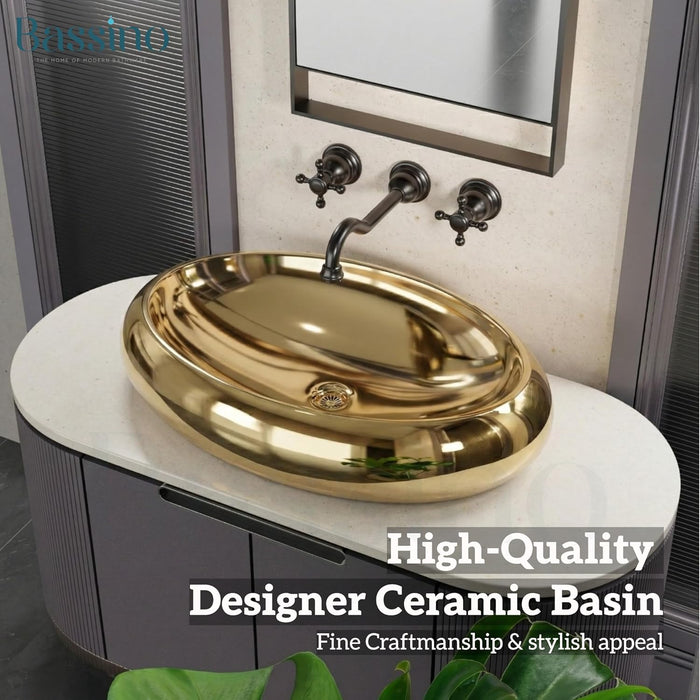 Premium Oval Gold Ceramic Table Top Basin (24x16x6 In) BTT-11546