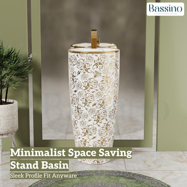 Premium Ceramic Pedestal Wash Basin, White Glossy (15 × 15 × 34 In) BPB-788