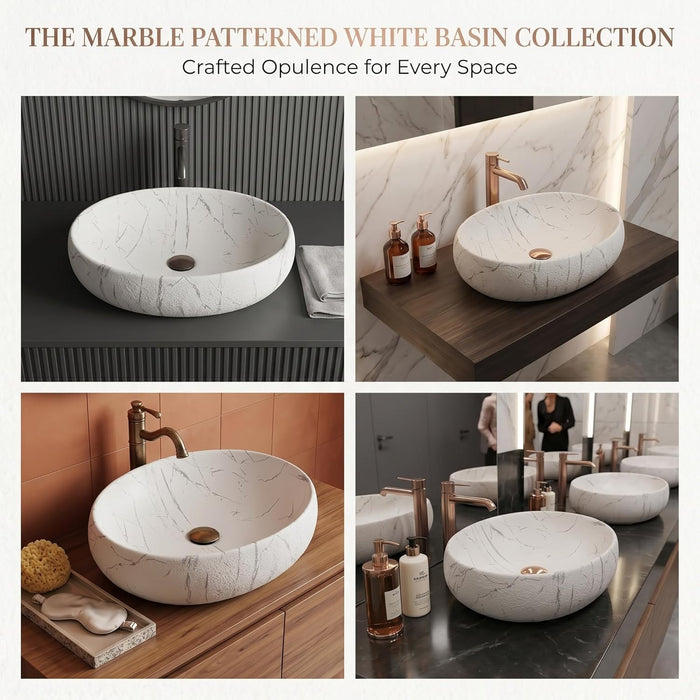 White Grey Marble Design Ceramic Countertop Wash Basin – Luxury Oval Textured Table Top Basin, Matte Finish Vessel Sink (24" x 16" x 6")