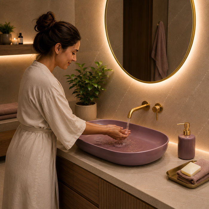 Bassino Oval Table Top Wash Basin | Premium Countertop Bathroom Sink | Matte Pink Basin 31 x 16 Inch