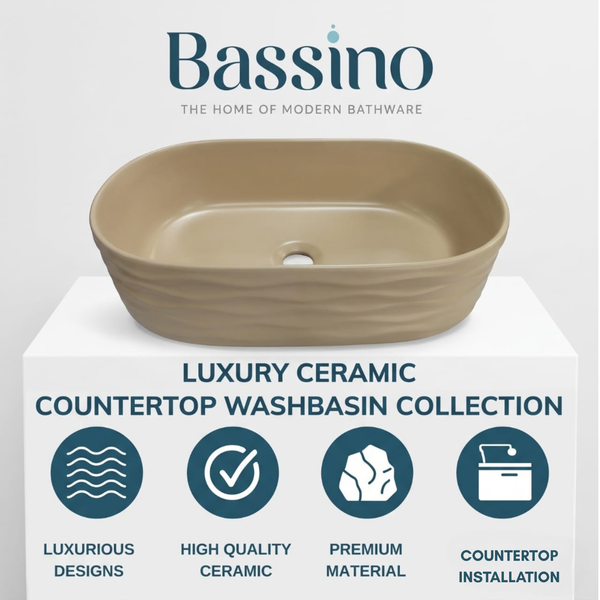 Bassino 20" Beige Wave-Textured Oval Ceramic Countertop Wash Basin – Designer Vessel Sink (20" x 12" x 6")