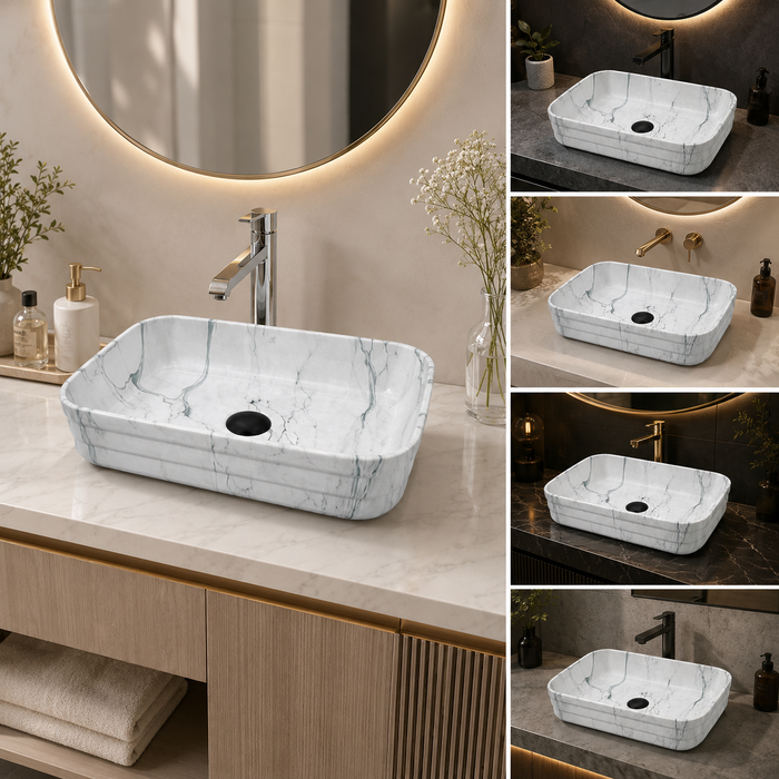 Glossy Marble Finish Rectangular Countertop Bathroom Sink Wash Basin (20" × 14" × 5" IN) White