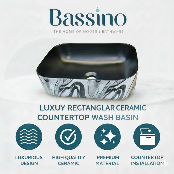 Bassino Square Black Marble Finish Ceramic Countertop Wash Basin | Modern Designer Vanity Sink, 16 x 12 x 6 Inch