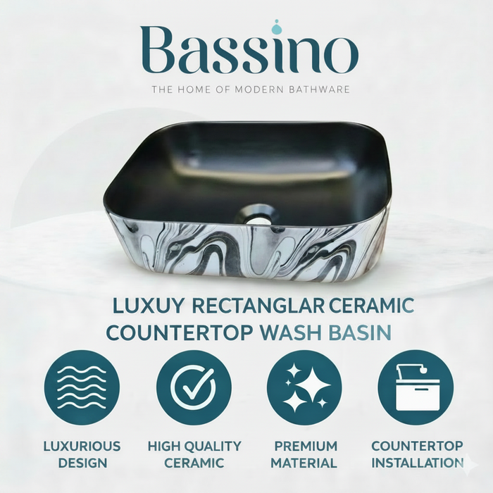 Bassino Square Black Marble Finish Ceramic Countertop Wash Basin | Modern Designer Vanity Sink, 16 x 12 x 6 Inch