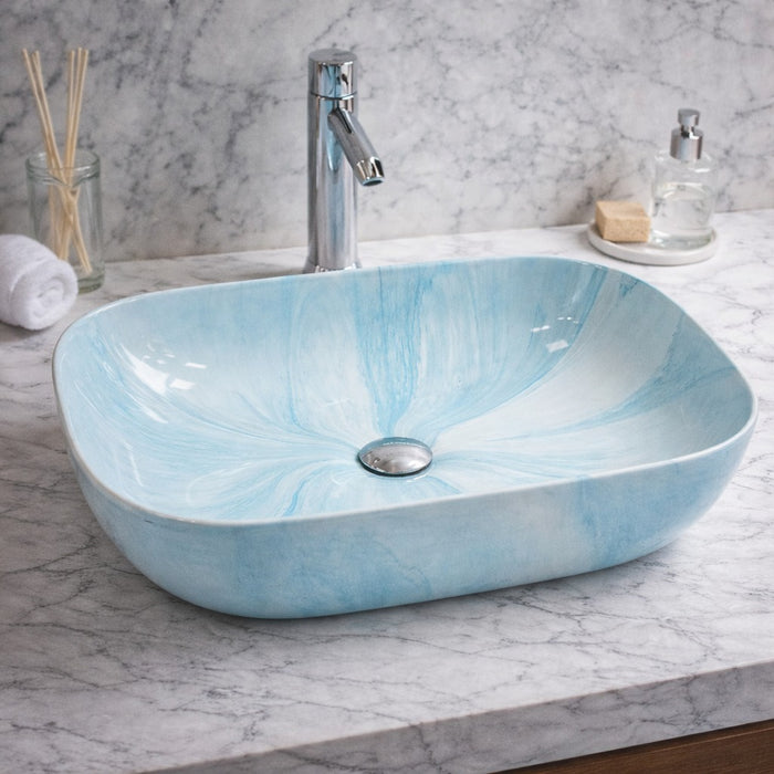 Bassino Blue Marble Finish Ceramic Countertop Wash Basin | Designer Table Top Sink, 18 x 13 x 6 Inch