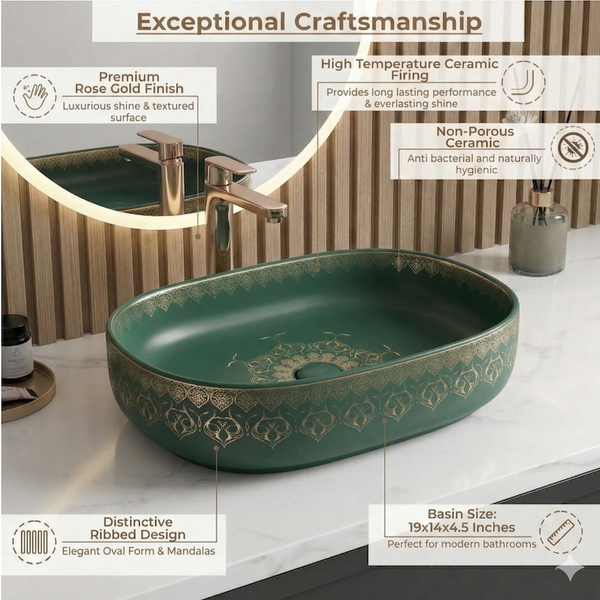 Designer Ceramic Wash Basin Moroccan design | 21 x 14 x 6 In | Green