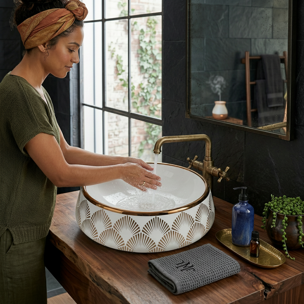 Luxury Round Ceramic Basin | Gloss Counter Top Wash Basin | 16x16x6 inch | White With Accents
