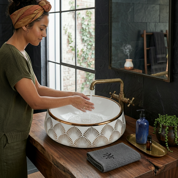 Luxury Round Ceramic Basin | Gloss Counter Top Wash Basin | 16x16x6 inch | White With Accents