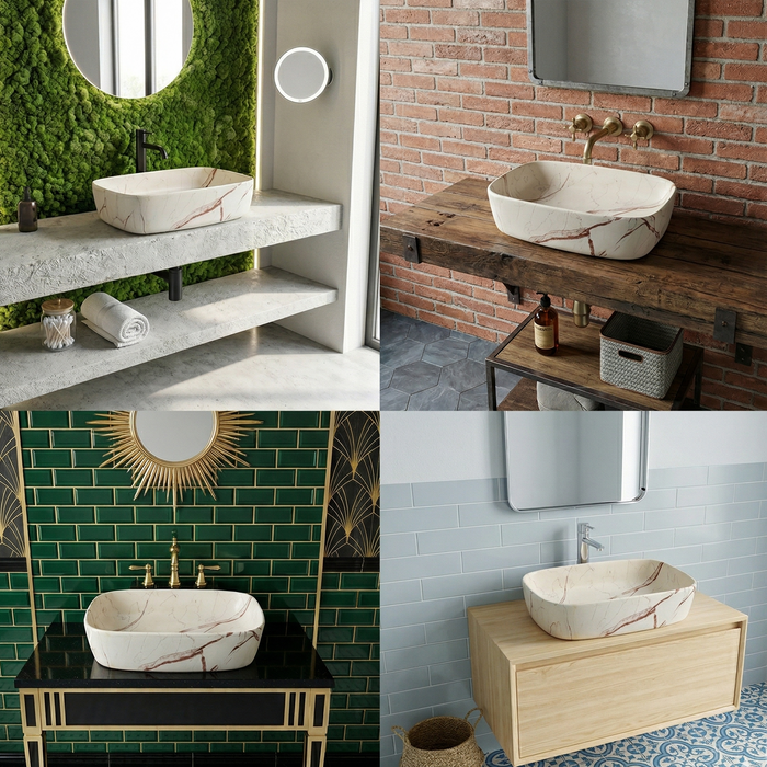 Bassino Premium Rectangular Marble Finish Countertop Wash Basin (18" x 13" x 6") – Luxury Ceramic Vanity Sink