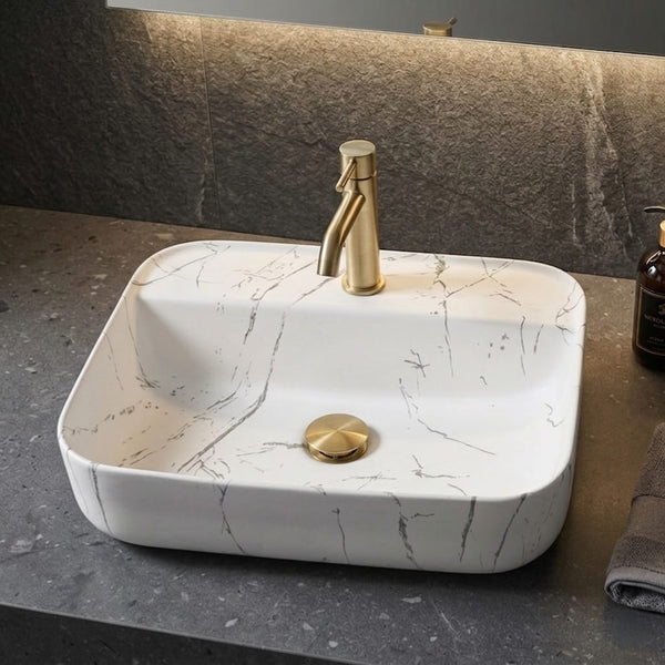 BASSINO Carrara Elegance Matte Marble-Finish Vessel Sink with Tap hole (20 x 16 x 5 Inches)