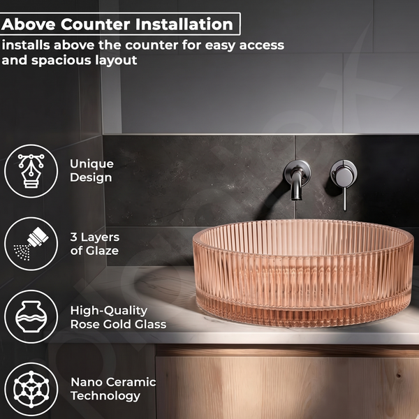 Bassino Modern Transparent Glass Wash Basin | Stylish Countertop Wash Basin for Bathroom–395x395x160 mm Rose gold