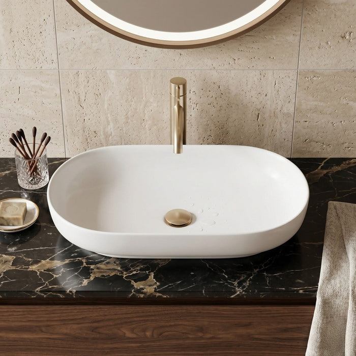 Bassino Matte White Oval Countertop Wash Basin – Modern Ceramic Vessel Sink (28" x 14" x 5")