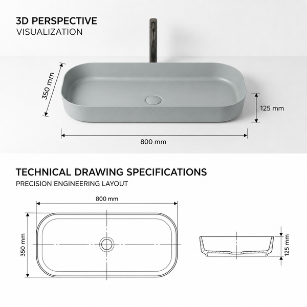 Bassino Modern Melamine Wash Basin | Stylish Countertop Wash Basin for Bathroom–800x350x125 mm Grey