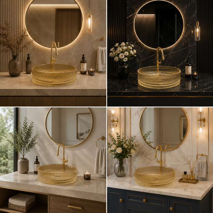 Bassino 16" Luxury Ribbed Glass Countertop Wash Basin – Premium Clear Gold Round Designer Vessel Sink (15.7" x 15.7" x 4.7")