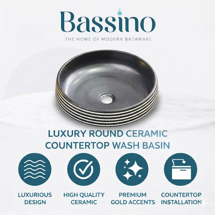 BASSINO Zebra Artisan Circular Ceramic Vessel Sink (16 x 16 x 6 Inches)