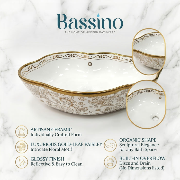 Bassino Luxury Floral Designer Countertop Wash Basin – Premium White & Gold Ceramic Vessel Sink (19.7" x 15" x 5.1")