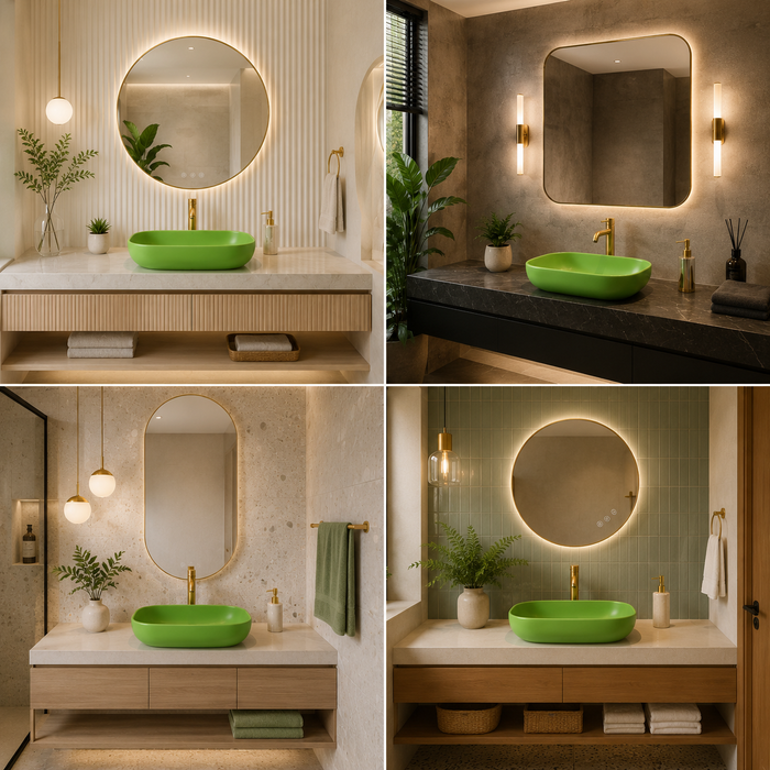 Bassino Matte Green Countertop Wash Basin – Modern Oval Ceramic Vessel Sink (17.9" x 12.8" x 5.5")