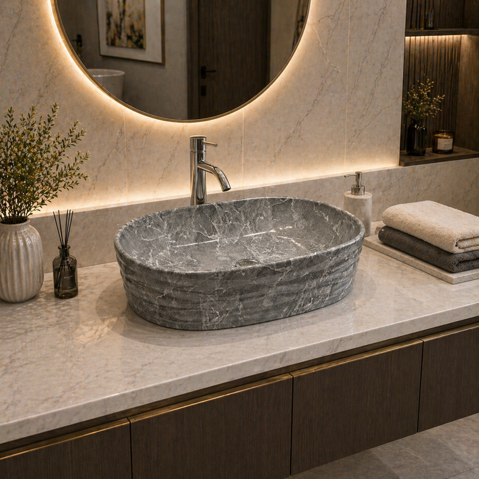 Bassino Grey Marble Textured Countertop Wash Basin – Luxury Oval Vessel Sink (500 x 300 x 150 mm)