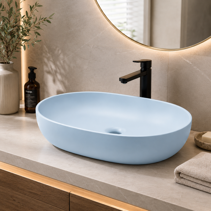 Designer Oval Countertop Wash Basin | (24" × 17" × 6" IN) Matte Finish Bathroom Sink Aqua Blue