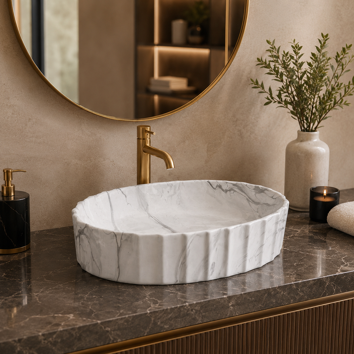 Matte Marble Finish Designer Oval Countertop Bathroom Sink Wash Basin (22" × 14" × 6" IN) White